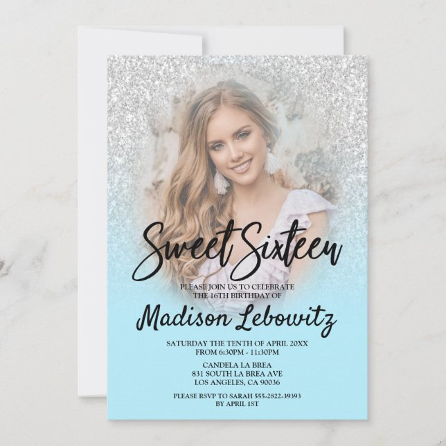 Convite Baby Blue & Silver Glitter Sweet 16 Photo Invite (Frente)
