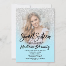 Baby Blue & Silver Glitter Sweet 16 Photo Invite