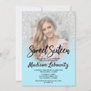 Convite Baby Blue & Silver Glitter Sweet 16 Photo Invite
