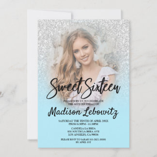 Convite Baby Blue & Silver Glitter Sweet 16 Photo Invite