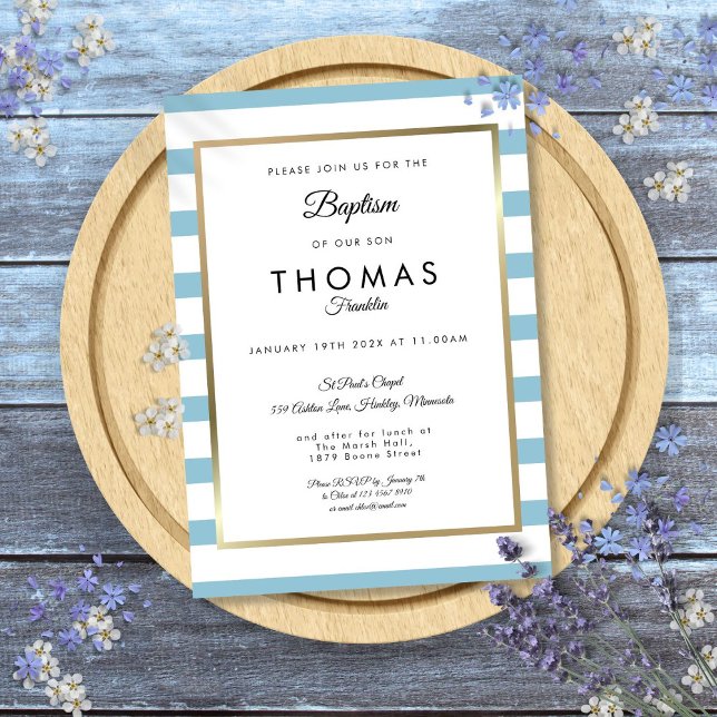 Convite Baby Blue Strike Baptism Christening (Baby Blue Stripe Baptism Christening Invitation)