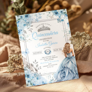 Convite Baby Blue Tiara Floral Borboletas Quinceañera