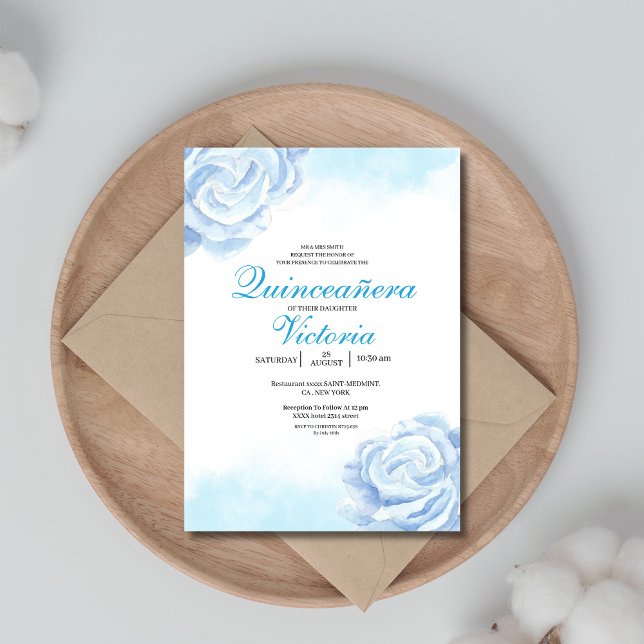 Convite Baby Blue Watercolor rosas Florais Quinceanera (Criador carregado)