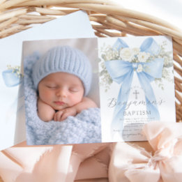 Convite Baby Boy Baptism Photo Floral Eucalyptus Bow