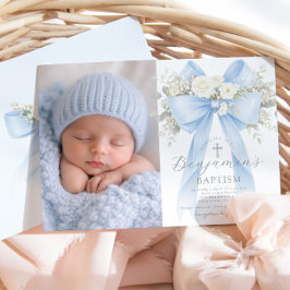 Convite Baby Boy Baptism Photo Floral Eucalyptus Bow