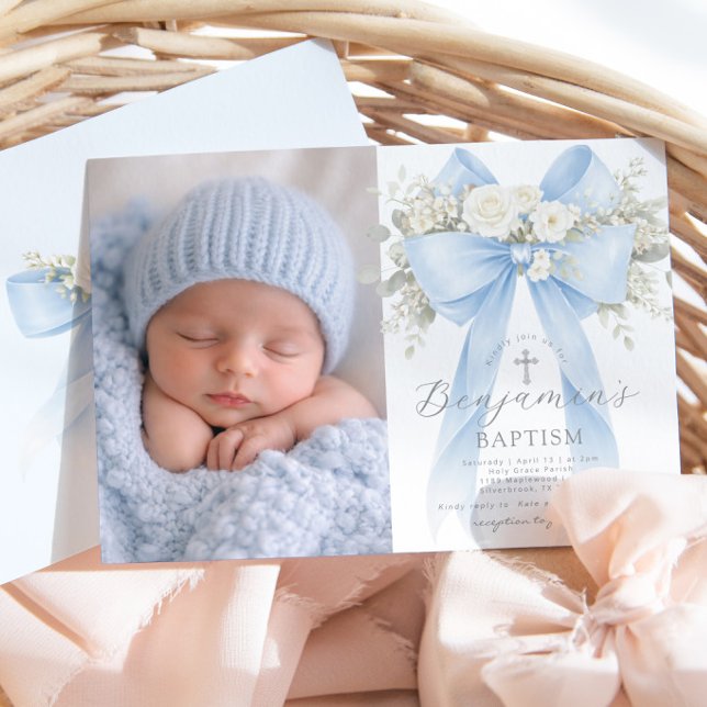 Convite Baby Boy Baptism Photo Floral Eucalyptus Bow (Criador carregado)