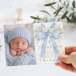 Convite Baby Boy Baptism Photo Floral Thank you Card