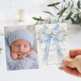 Convite Baby Boy Baptism Photo Floral Thank you Card