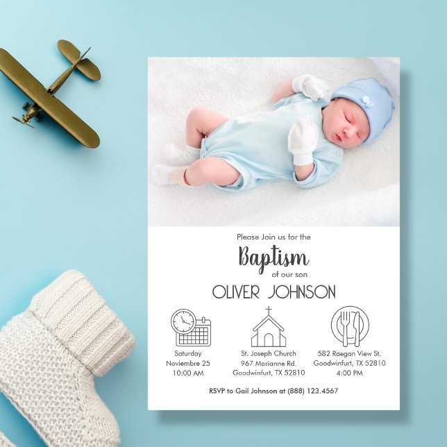 Convite Baby Boy Bautizo Invitación Elegante Moderno Batis (Criador carregado)