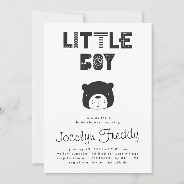 Convite Baby Boy Bear Black & White Chá de fraldas (Frente)