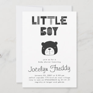Convite Baby Boy Bear Chá de fraldas preto e branco