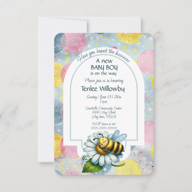 Convite Baby Boy Bee In A Flower Shower  (Frente)