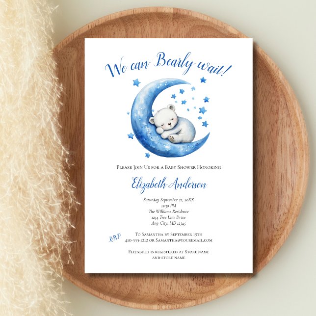Convite Baby Boy Blue Bear Moon Barly Chá de fraldas de Es (Boy Baby Shower invitation. White Bear Sleeping in Blue Moon with stars. We can Bearly wait.)