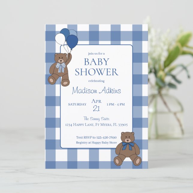 Convite Baby Boy Blue Bearly Teddy Bears Baby Shower (Em pé/Frente)