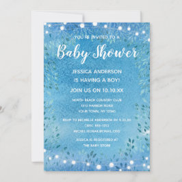 Convite Baby Boy Blue Watercolor String Lights Chá de fral
