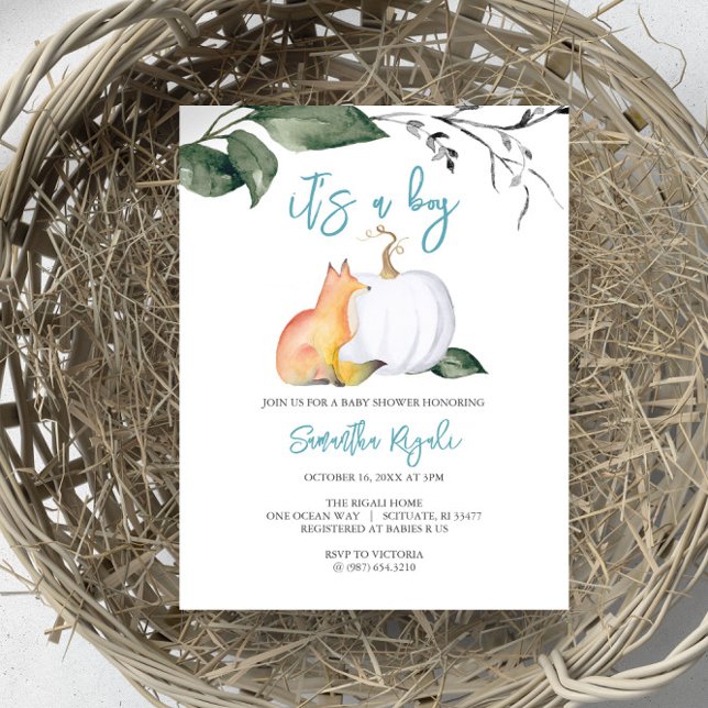 Convite Baby Boy Chá Invoca Aquarela Fox Pumpkin (Autumn-themed baby shower invites boy woodland fox and white pumpkin foliage)