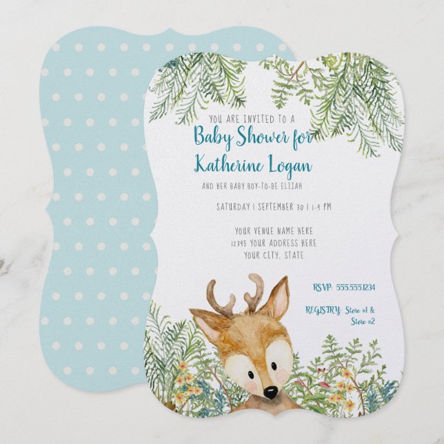 Convite Baby Boy Chá Woodland Animal Deers Forest Ferns (Frente/Verso)