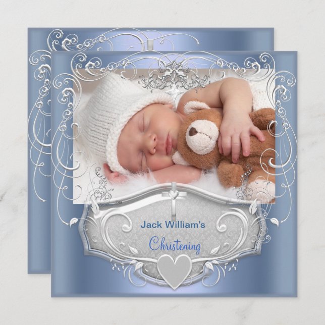 Convite Baby Boy Christening Baptism Blue Silver Cross (Frente/Verso)