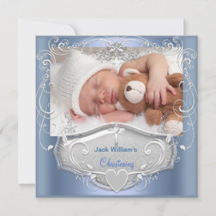 Convite Baby Boy Christening Baptism Blue Silver Cross