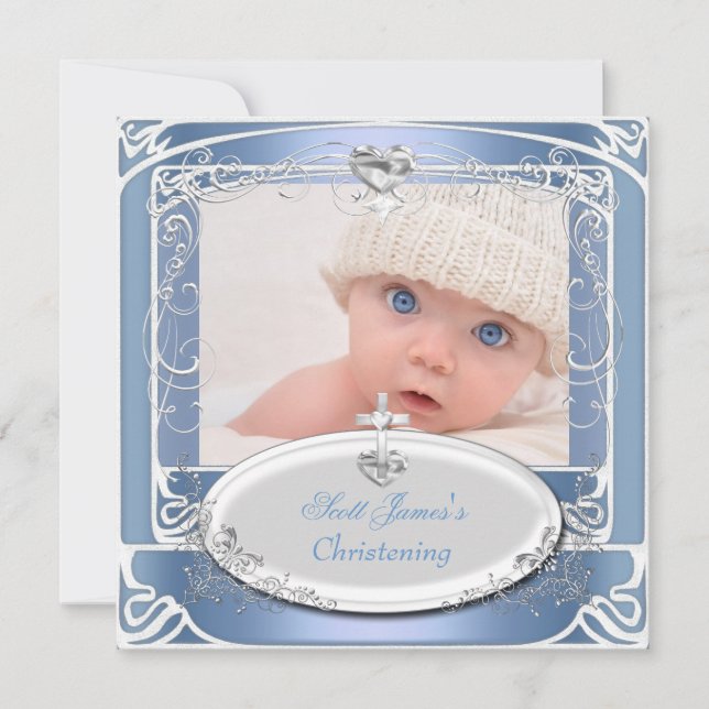 Convite Baby Boy Christening Baptism Blue White (Frente)
