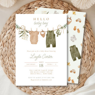 Convite Baby Boy Clothesline Neutral Sage Boho Chá de fral