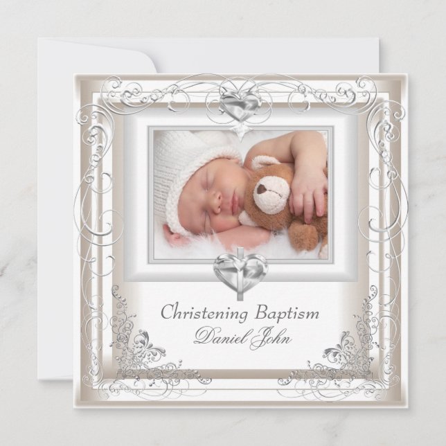 Convite Baby Boy Cream Christening Baptism Cross (Frente)