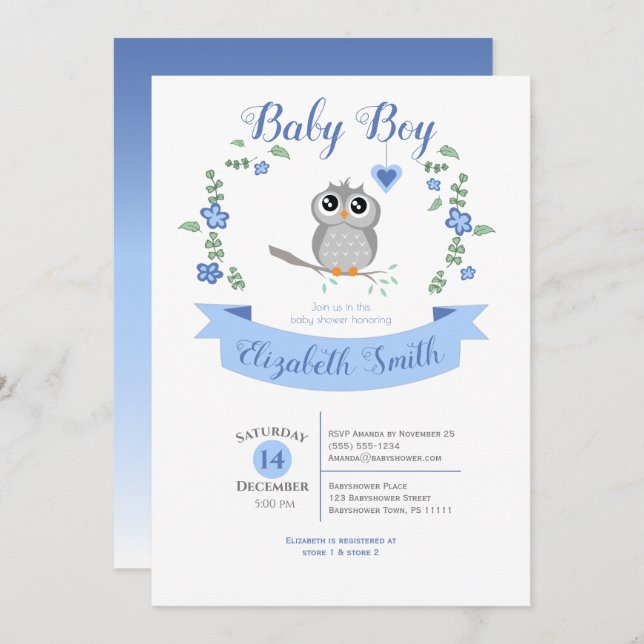 Convite Baby Boy Cute owl babyshower (Frente/Verso)