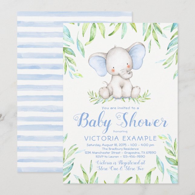 Convite Baby Boy Elephant Baby Shower Invants (Frente/Verso)