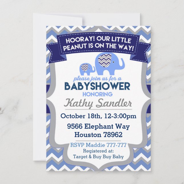 Convite Baby Boy Elephant Baby Shower Invants (Frente)