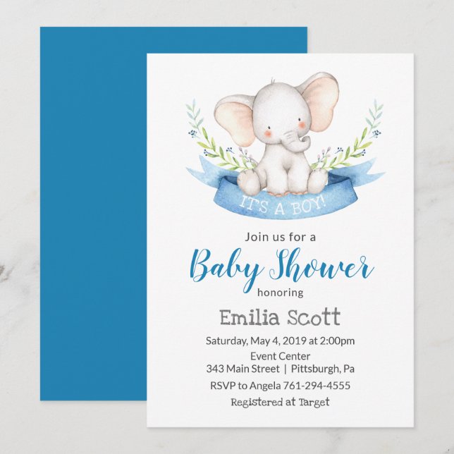 Convite Baby Boy Elephant Baby Shower Invants (Frente/Verso)