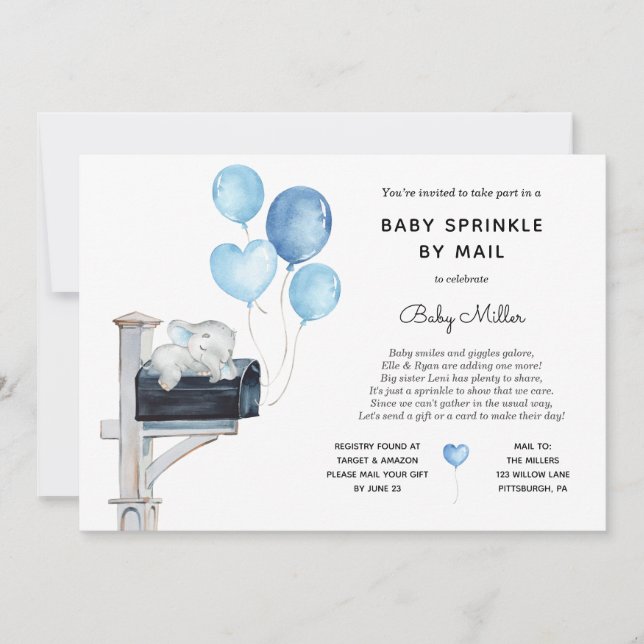 Convite Baby Boy Elephant Baby Sprinkle by Mail (Frente)