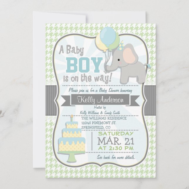 Convite Baby Boy Elephant, Pastel Chá de fraldas Invite (Frente)