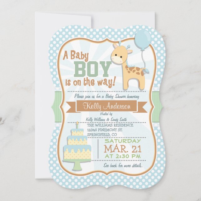 Convite Baby Boy Giraffe, Pastel Chá de fraldas Invite (Frente)