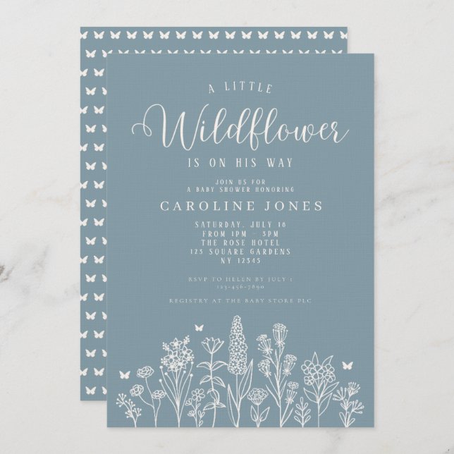 Convite Baby Boy Little Wilflower Blue Chá de fraldas (Frente/Verso)