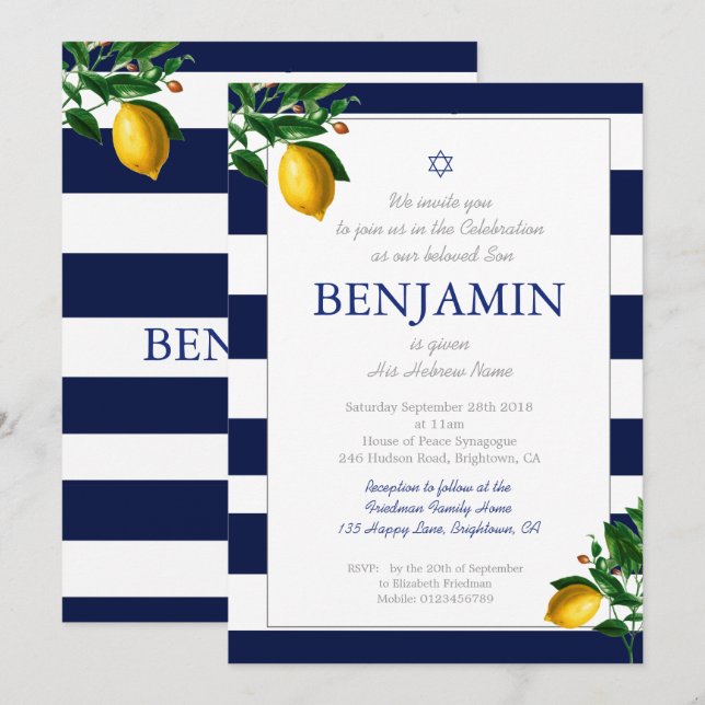 Convite Baby Boy Naming Ceremony Lemons Blue Jewish Hebrai (Frente/Verso)