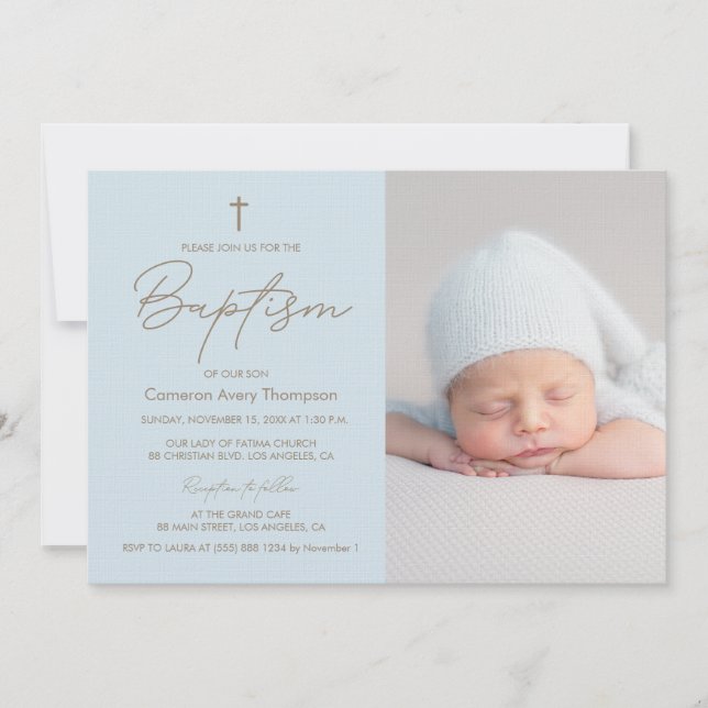 Convite Baby Boy Photo Baptism Elegante Cristening Modern (Frente)