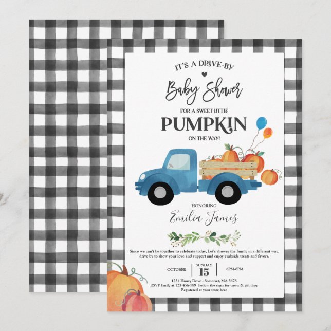 Convite Baby Boy Pumpkin Truck Pumpkin Fall Chá de fraldas (Frente/Verso)