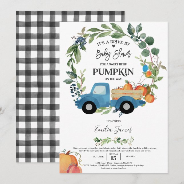 Convite Baby Boy Pumpkin Truck Pumpkin Fall Chá de fraldas (Frente/Verso)