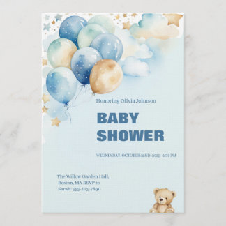 Convite Baby Boy Shower Invitation | Blue Teddy Bear