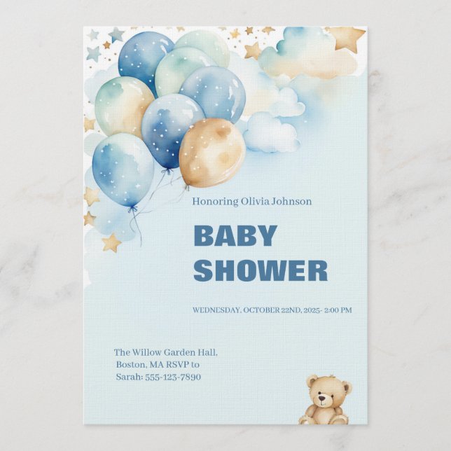 Convite Baby Boy Shower Invitation | Blue Teddy Bear (Frente)