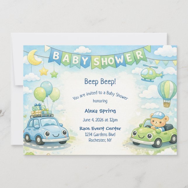 Convite Baby Boy Shower Invitation Car Theme (Frente)