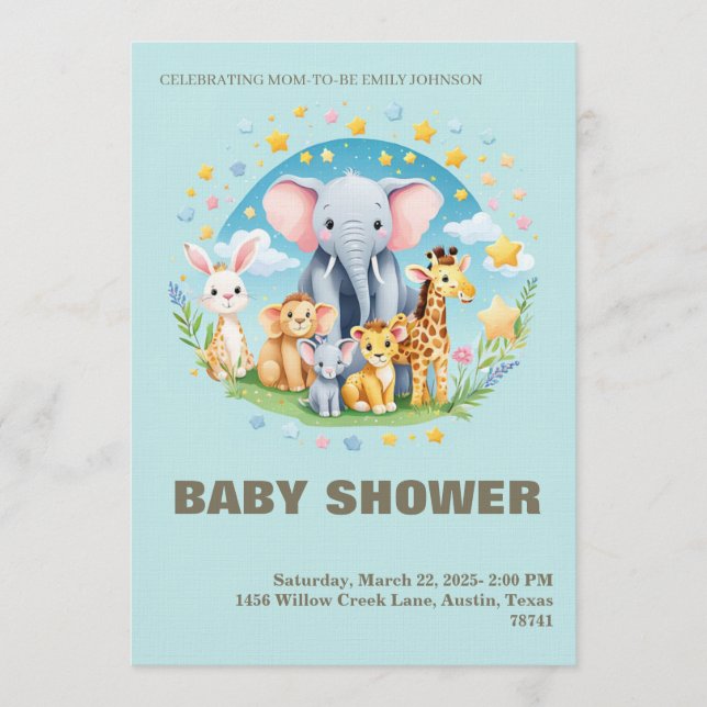 Convite Baby Boy Shower Invitation Cartoon Animals (Frente)