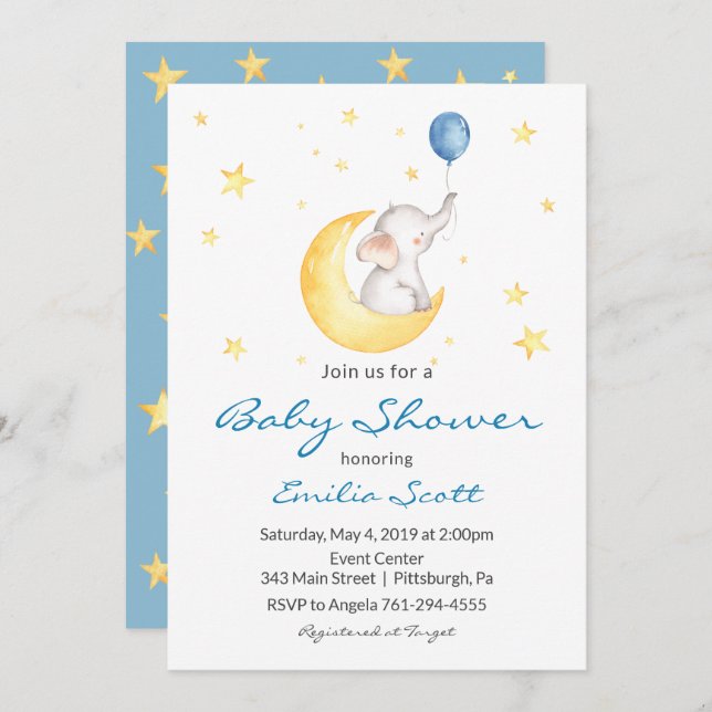 Convite Baby Boy Star Elephant Baby Shower Invants (Frente/Verso)