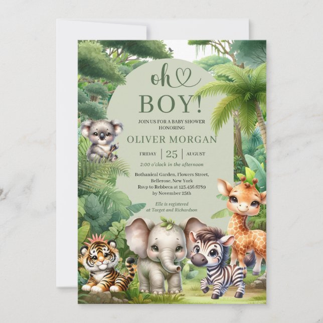 Convite Baby Boy Tropical Selgle Safari Animal Chá (Frente)