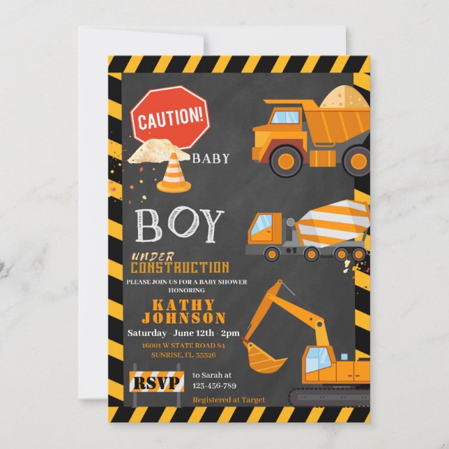 Convite Baby Boy Under Construction Baby Shower Invitation (Frente)
