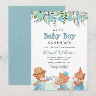Convite Baby Boy Watercolor Chá de fraldas Urso de Teddy
