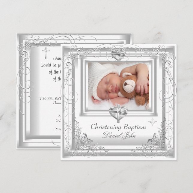 Convite Baby Boy White Christing Baptism Cross (Frente/Verso)