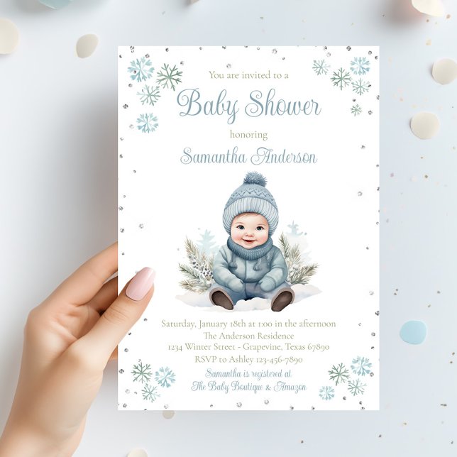 Convite Baby Boy Winter Snowflake Chá de fraldas (Boy winter snowflake baby shower invitation. Simply add your event details.)