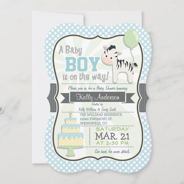 Convite Baby Boy Zebra, Pastel Chá de fraldas Invite (Frente)