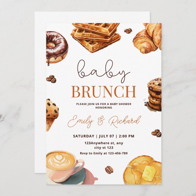 Convite Baby Brunch Neutral Chá de fraldas Invite, Café da (Frente/Verso)